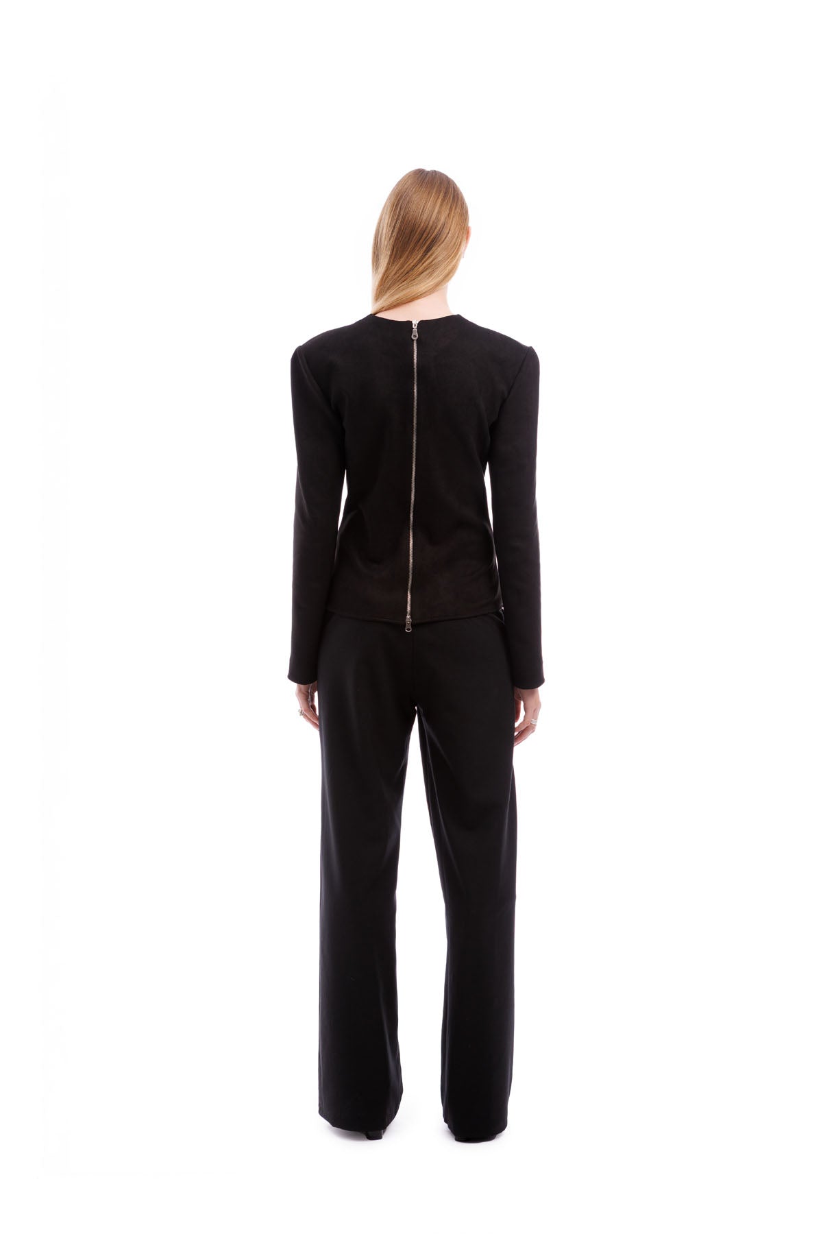 Back view of A606 black top with double metal zip opening designer garment