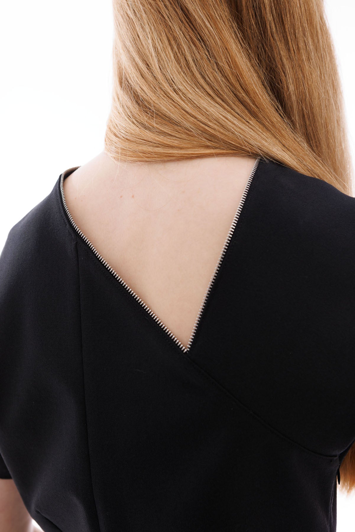 A606 architectural black midi dress with asymmetric neckline modern designer clothing