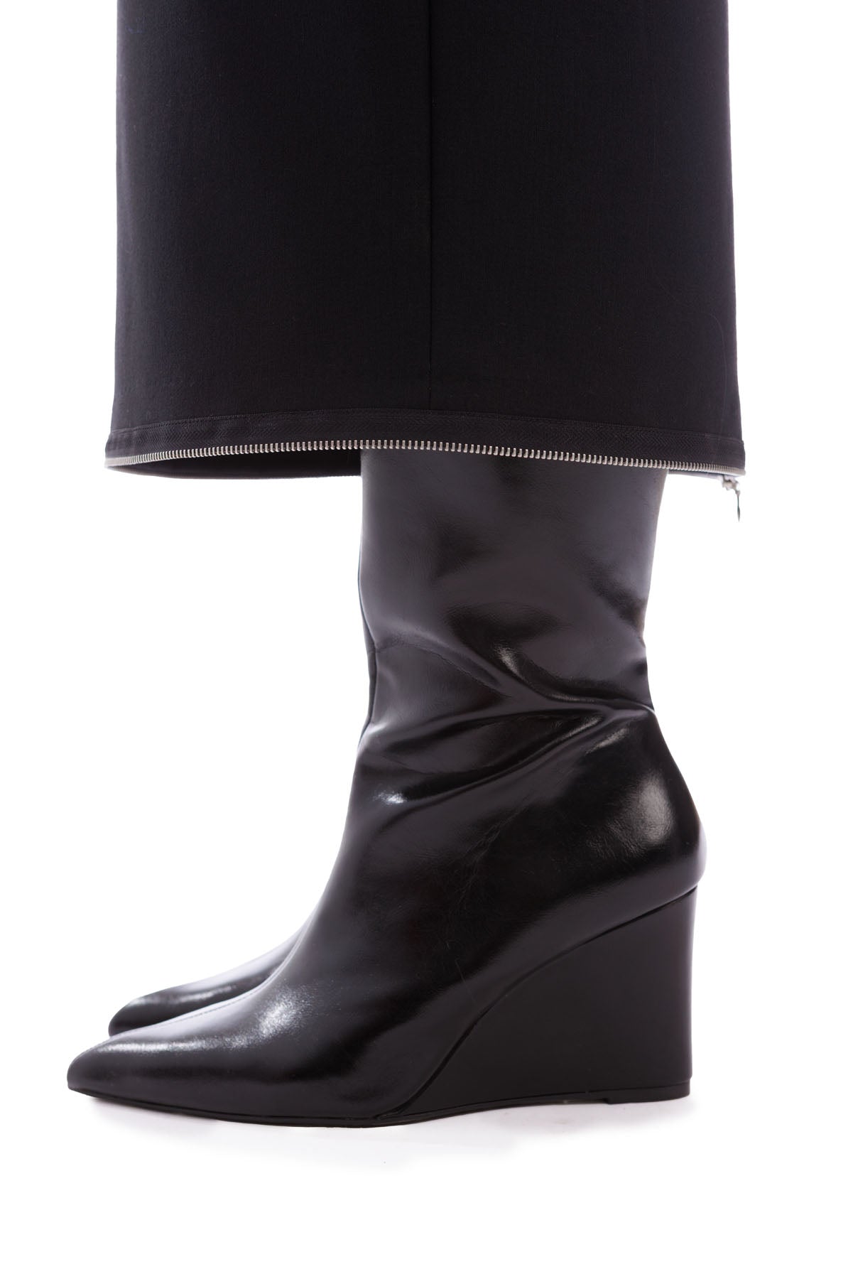 Side view of A606 black asymmetric midi dress minimalist fashion design