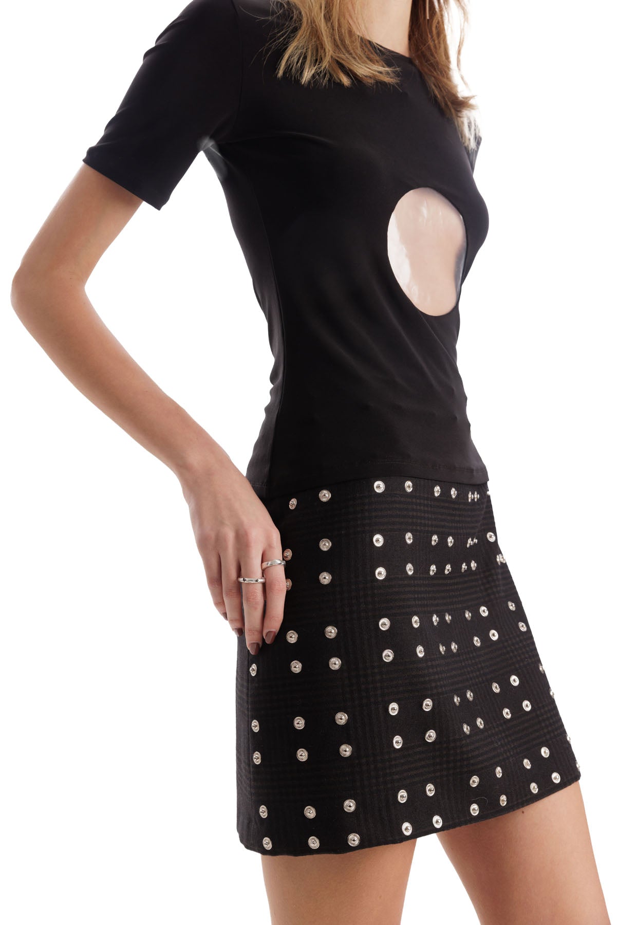 A606 black studded mini skirt with silver metal hardware minimalist fashion