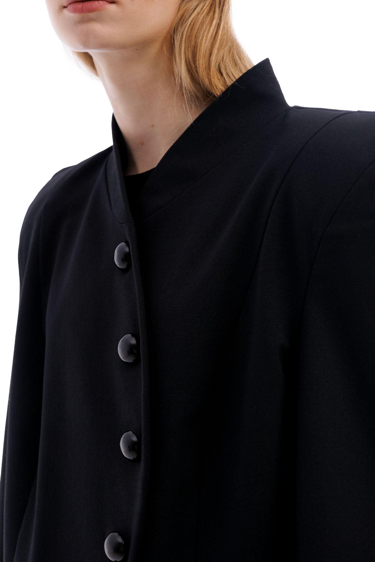 A606 architectural black blazer with sculptural shoulders modern designer fashion