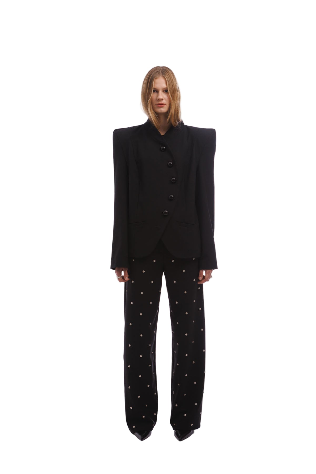 A606 architectural black blazer with sculptural shoulders modern designer fashion