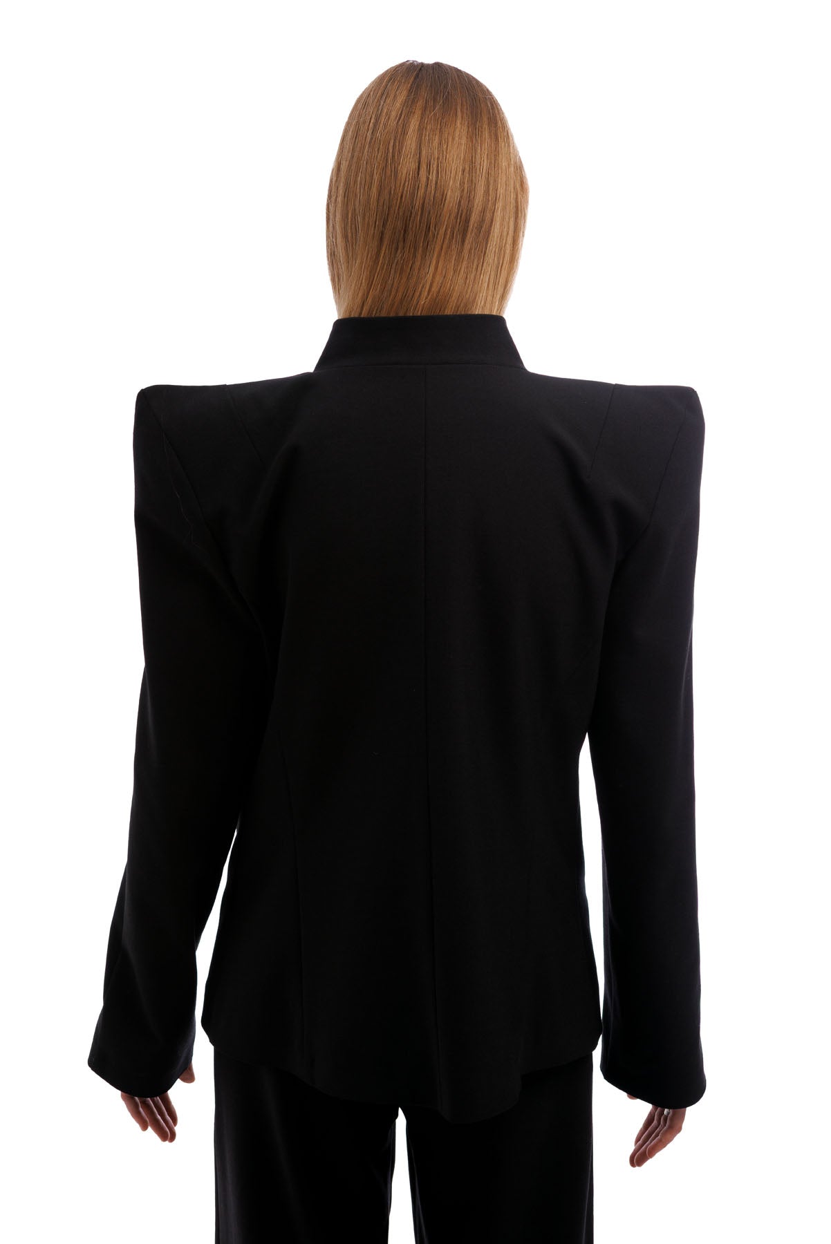 A606 minimalist black designer blazer with strong shoulder construction