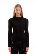 A606 fitted black long sleeve top with structured shoulders minimalist designer clothing