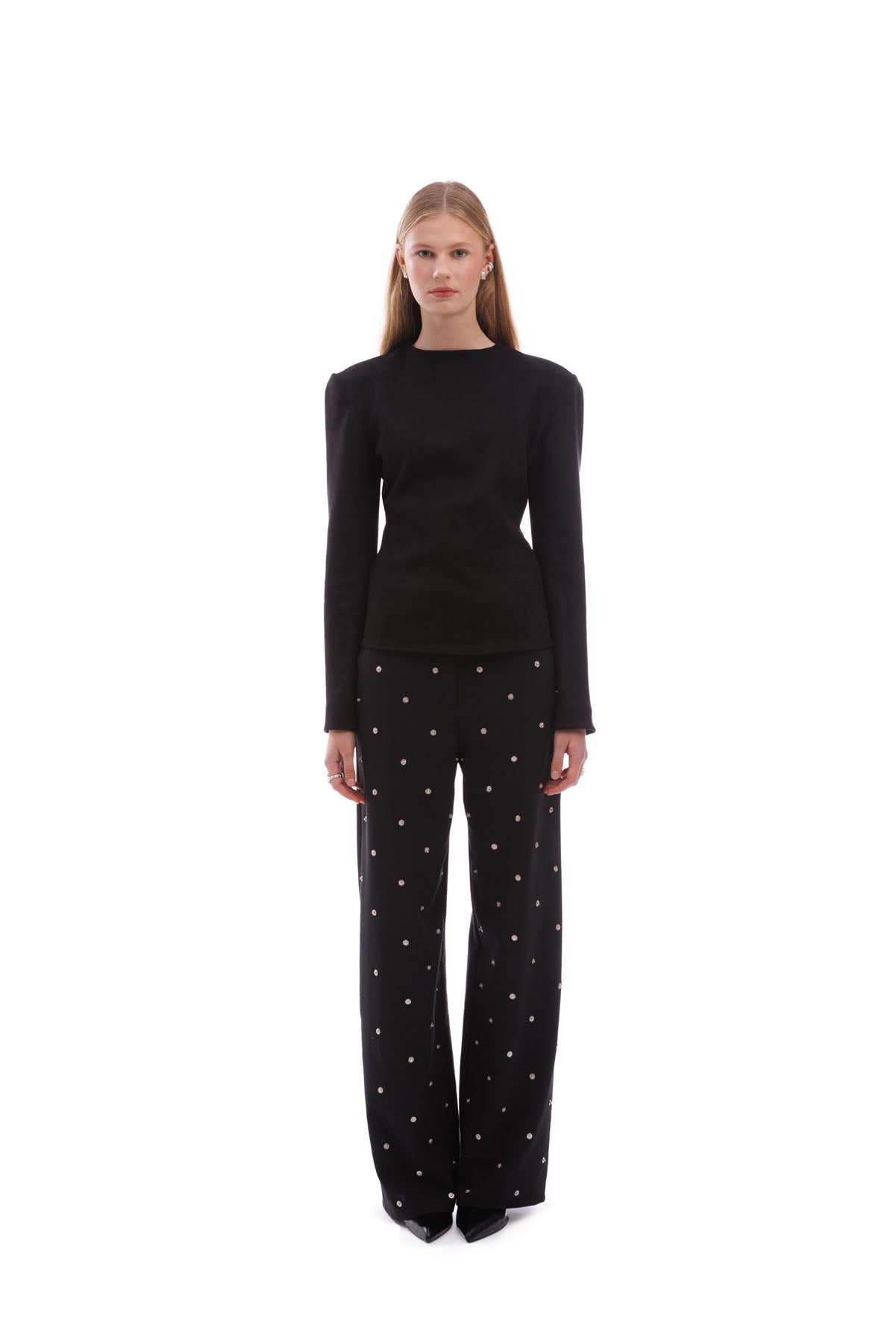 A606 designer black top with long sleeves and sculpted waist structured fashion piece