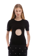 A606 fitted black T-shirt with circular transparent insert minimalist designer top
