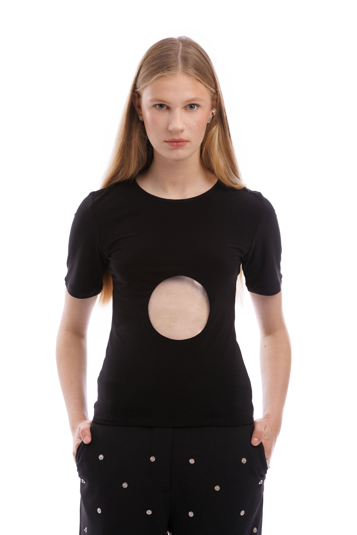 A606 fitted black T-shirt with circular transparent insert minimalist designer top