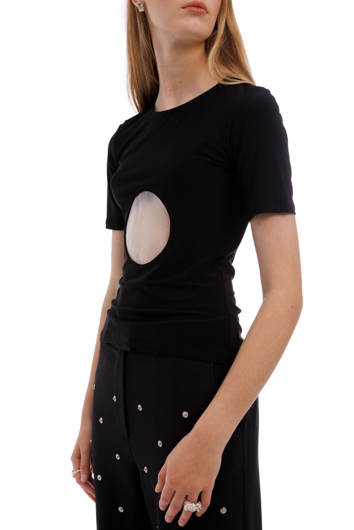A606 black fitted top with clear circular cut-out detail architectural fashion piece