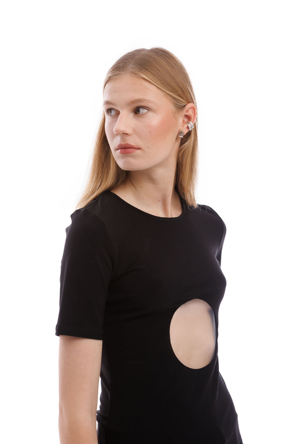 A606 designer short-sleeve black top with transparent circle panel front view