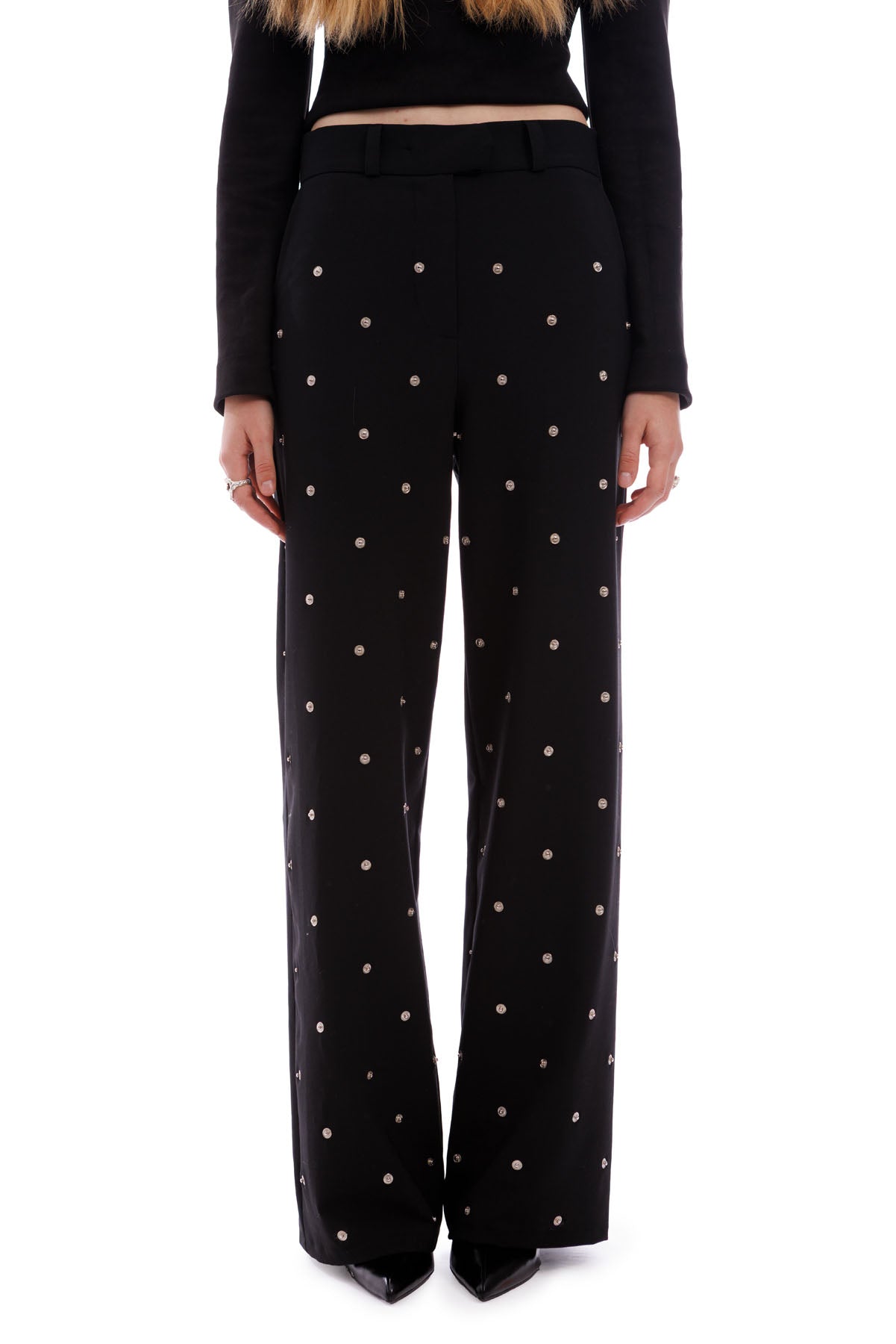 A606 structured black wool trousers with metal press studs front view designer trousers